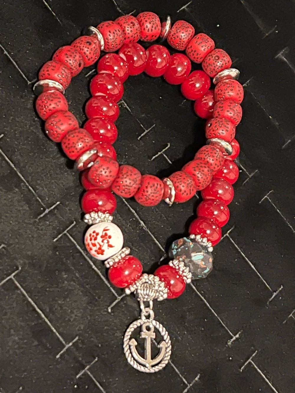 Red Beaded Anchor Charm Bracelet - Women Jewelry
